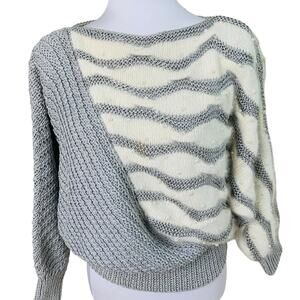 Vintage Size M Wool Angora Rabbit Hair Pearl Beaded Hand Knit Sweater Gray Ivory